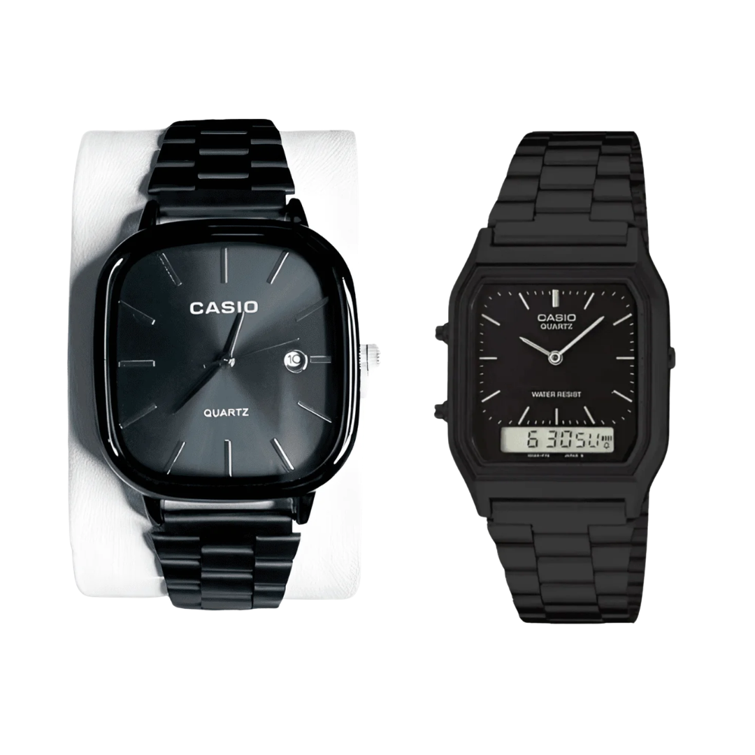 Kit 2 Relógios Casio Vintage Ultra Luxo ALL BLACK + Caixinha de Brinde